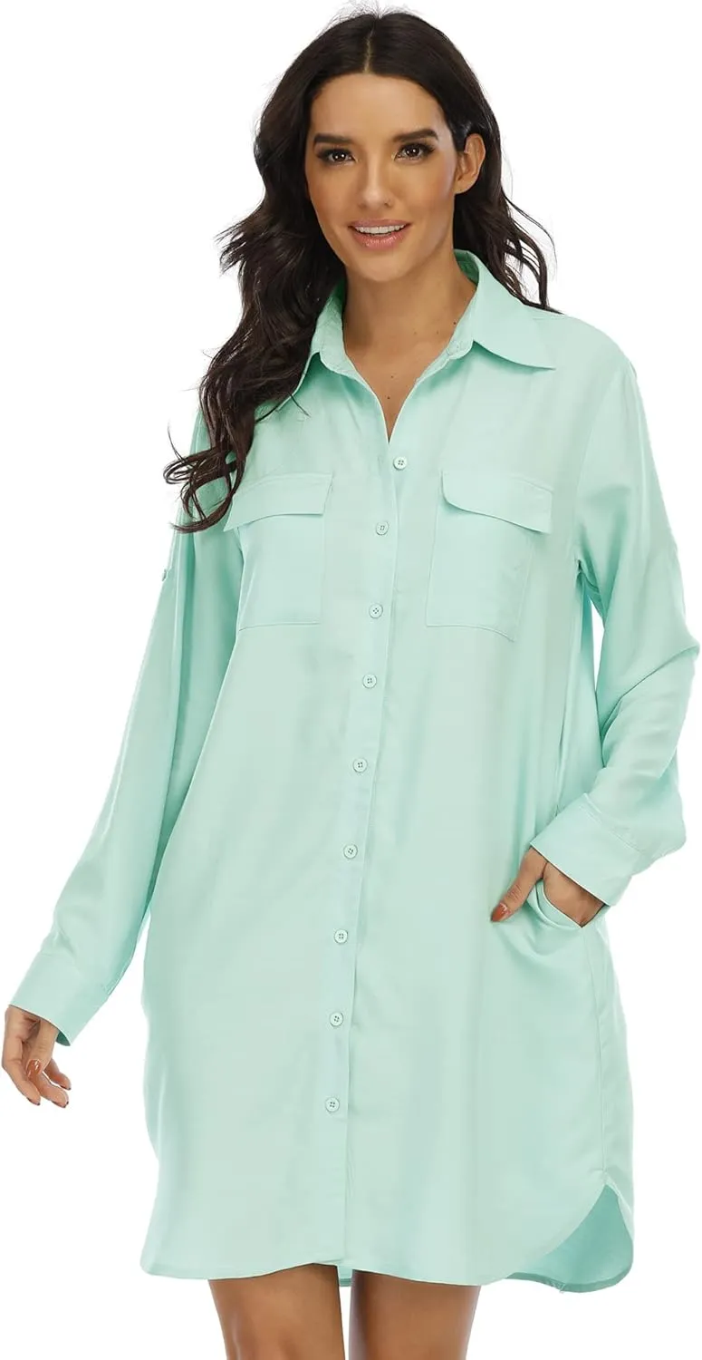 LUSMAY Women's Long Sleeve V Neck Button Down Shirt Dresses Casual Summer Dress with Pocket