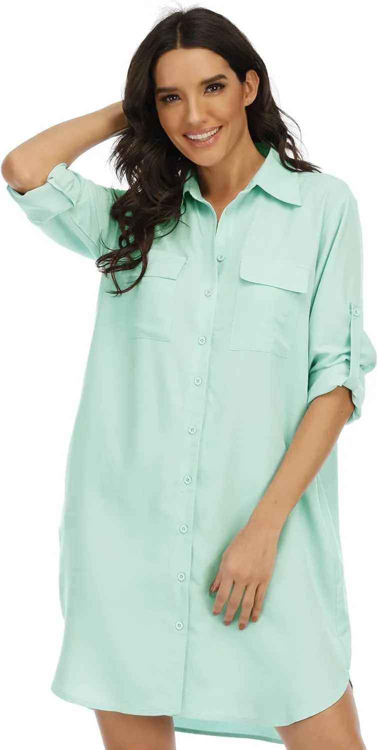 LUSMAY Women's Long Sleeve V Neck Button Down Shirt Dresses Casual Summer Dress with Pocket