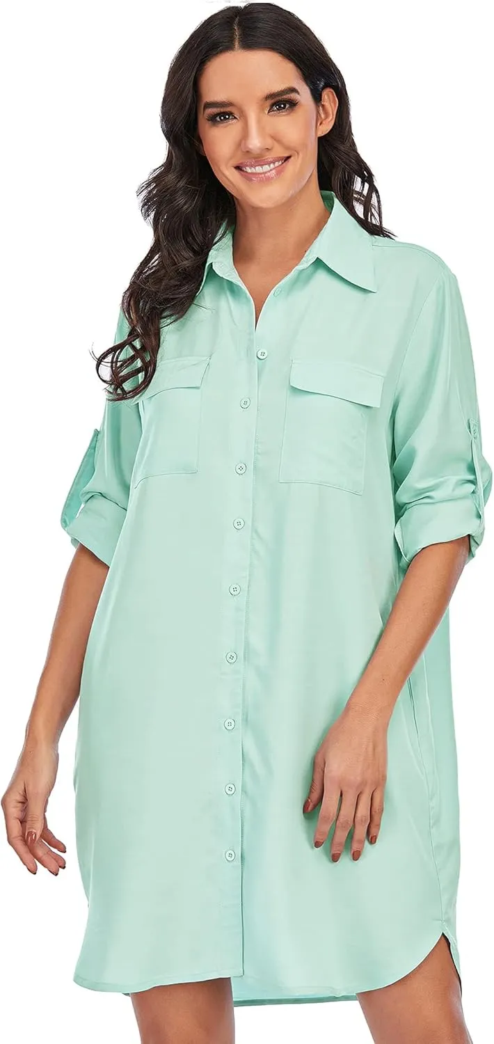 LUSMAY Women's Long Sleeve V Neck Button Down Shirt Dresses Casual Summer Dress with Pocket