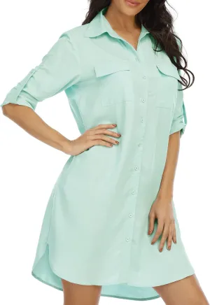 LUSMAY Women's Long Sleeve V Neck Button Down Shirt Dresses Casual Summer Dress with Pocket