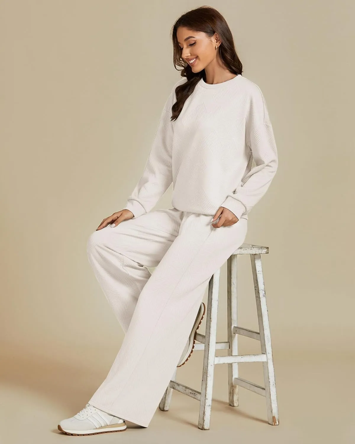luvamia Lounge 2 Piece Sets for Women Texture Long Sleeve Pullover Pull On Wide Leg Pants Sweatsuit Loungewear Sweat Set