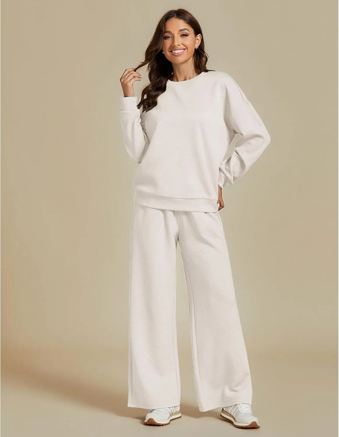 luvamia Lounge 2 Piece Sets for Women Texture Long Sleeve Pullover Pull On Wide Leg Pants Sweatsuit Loungewear Sweat Set