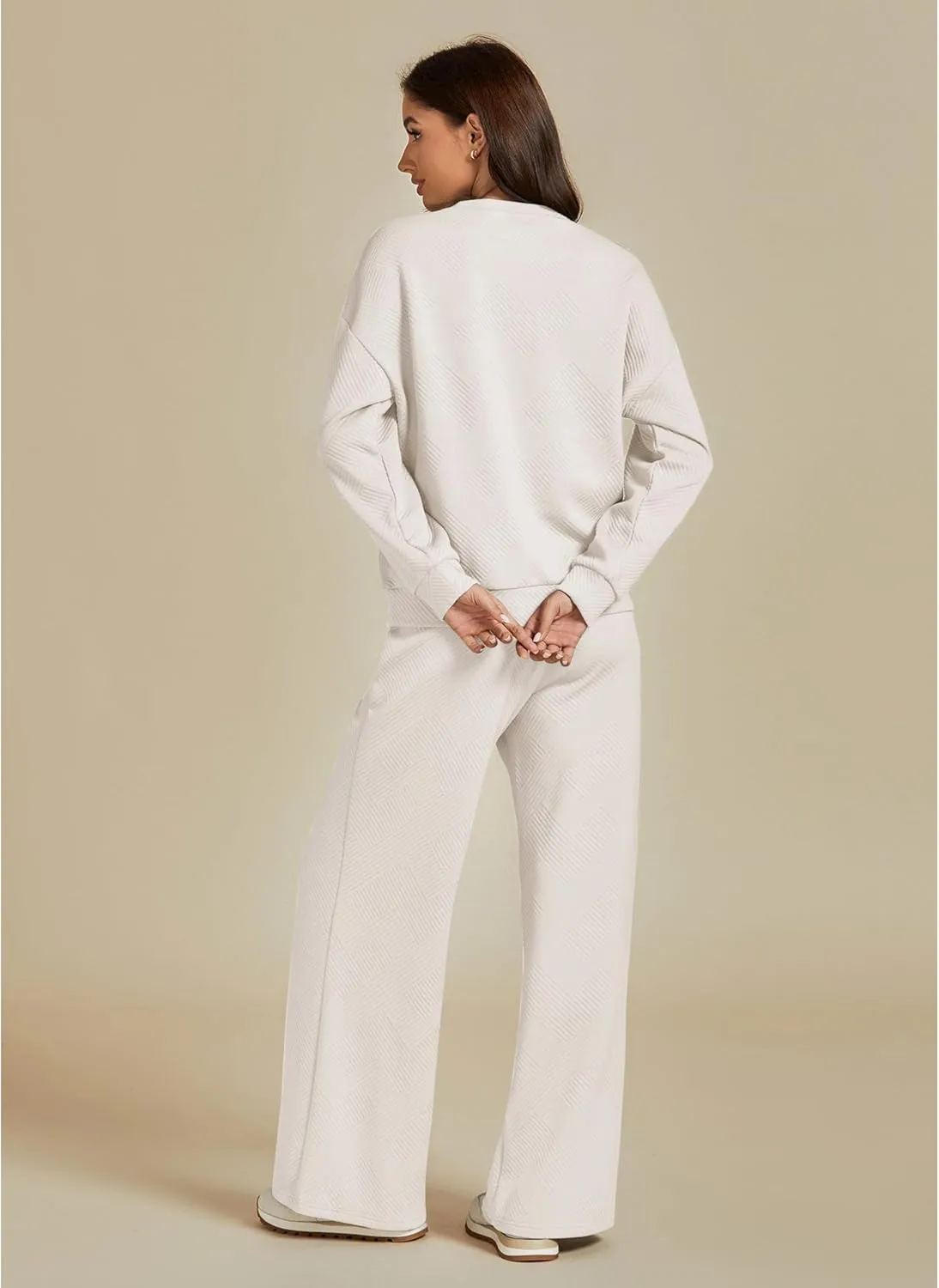 luvamia Lounge 2 Piece Sets for Women Texture Long Sleeve Pullover Pull On Wide Leg Pants Sweatsuit Loungewear Sweat Set