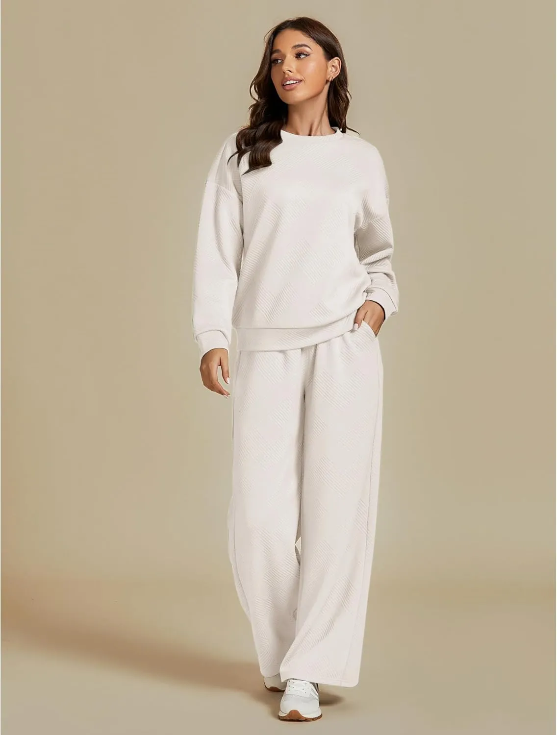 luvamia Lounge 2 Piece Sets for Women Texture Long Sleeve Pullover Pull On Wide Leg Pants Sweatsuit Loungewear Sweat Set