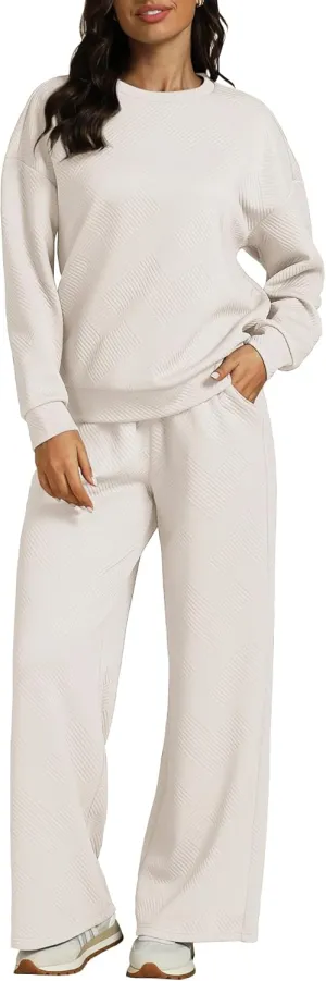 luvamia Lounge 2 Piece Sets for Women Texture Long Sleeve Pullover Pull On Wide Leg Pants Sweatsuit Loungewear Sweat Set