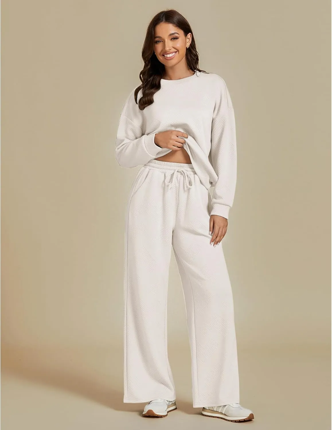 luvamia Lounge 2 Piece Sets for Women Texture Long Sleeve Pullover Pull On Wide Leg Pants Sweatsuit Loungewear Sweat Set
