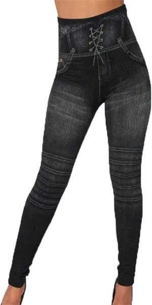 Maiyifu-GJ Women's High Waist Denim Print Leggings Tummy Control Butt Lifting Fake Jeans Seamless Stretch Slim Skinny Pants