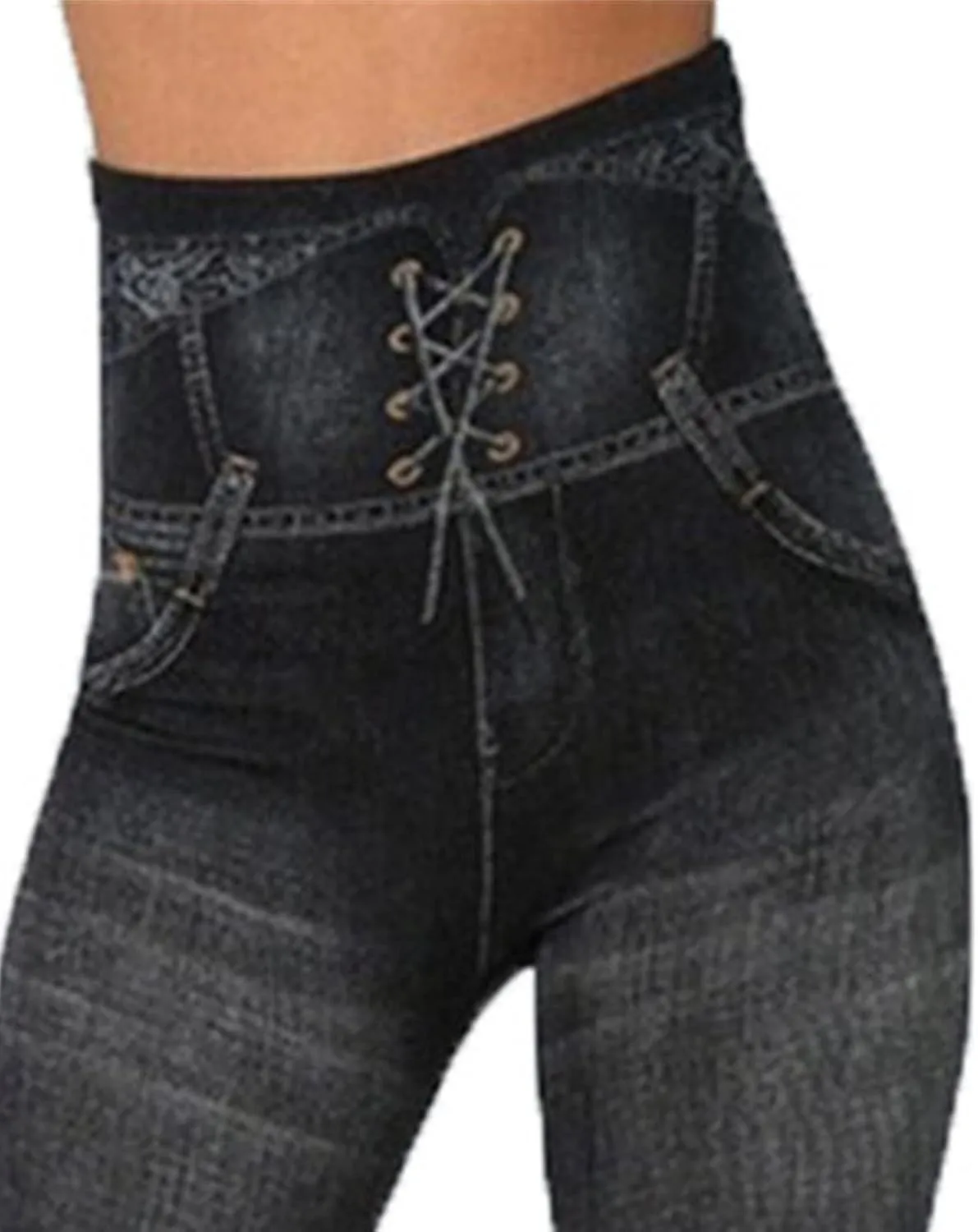 Maiyifu-GJ Women's High Waist Denim Print Leggings Tummy Control Butt Lifting Fake Jeans Seamless Stretch Slim Skinny Pants