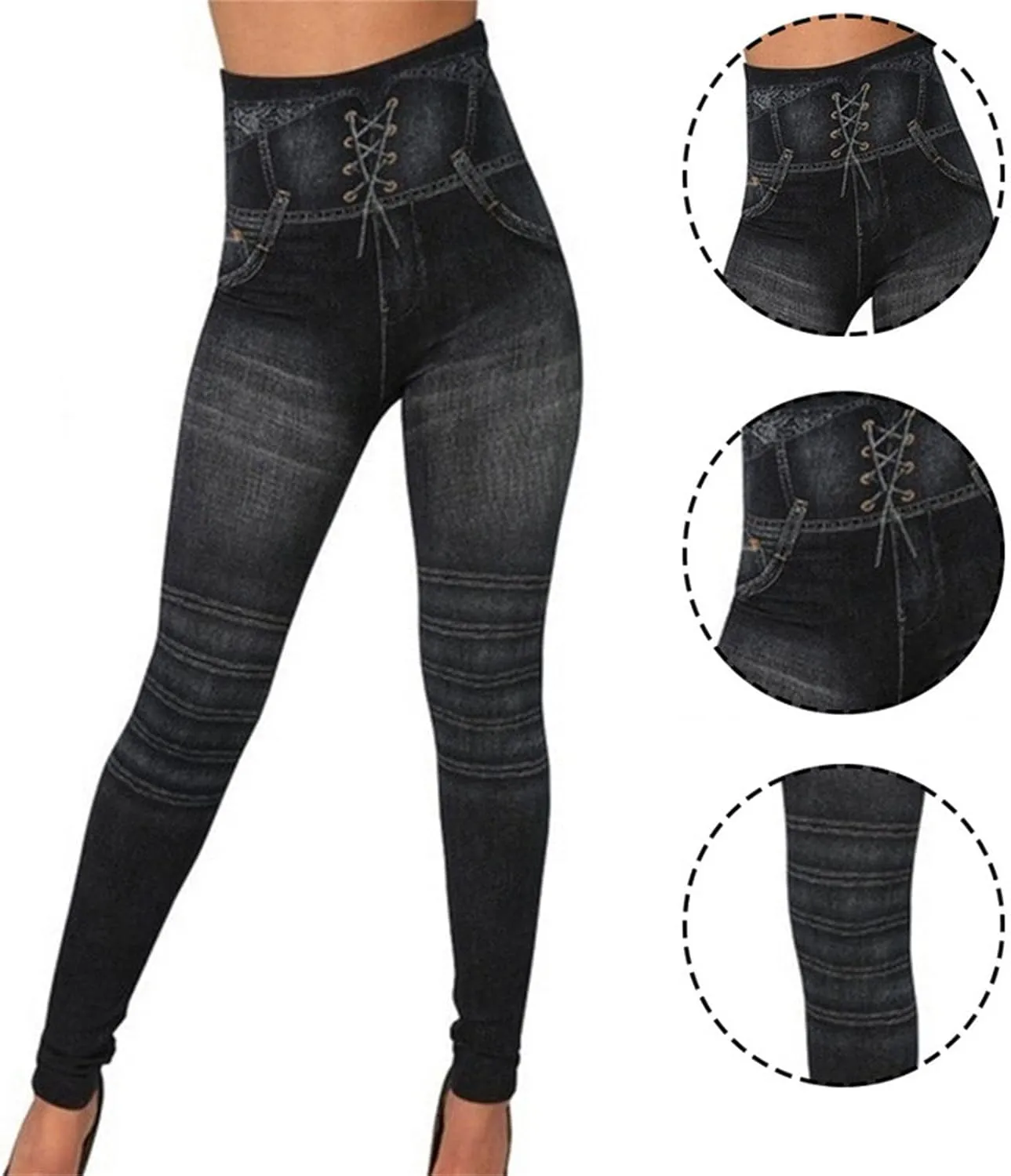 Maiyifu-GJ Women's High Waist Denim Print Leggings Tummy Control Butt Lifting Fake Jeans Seamless Stretch Slim Skinny Pants