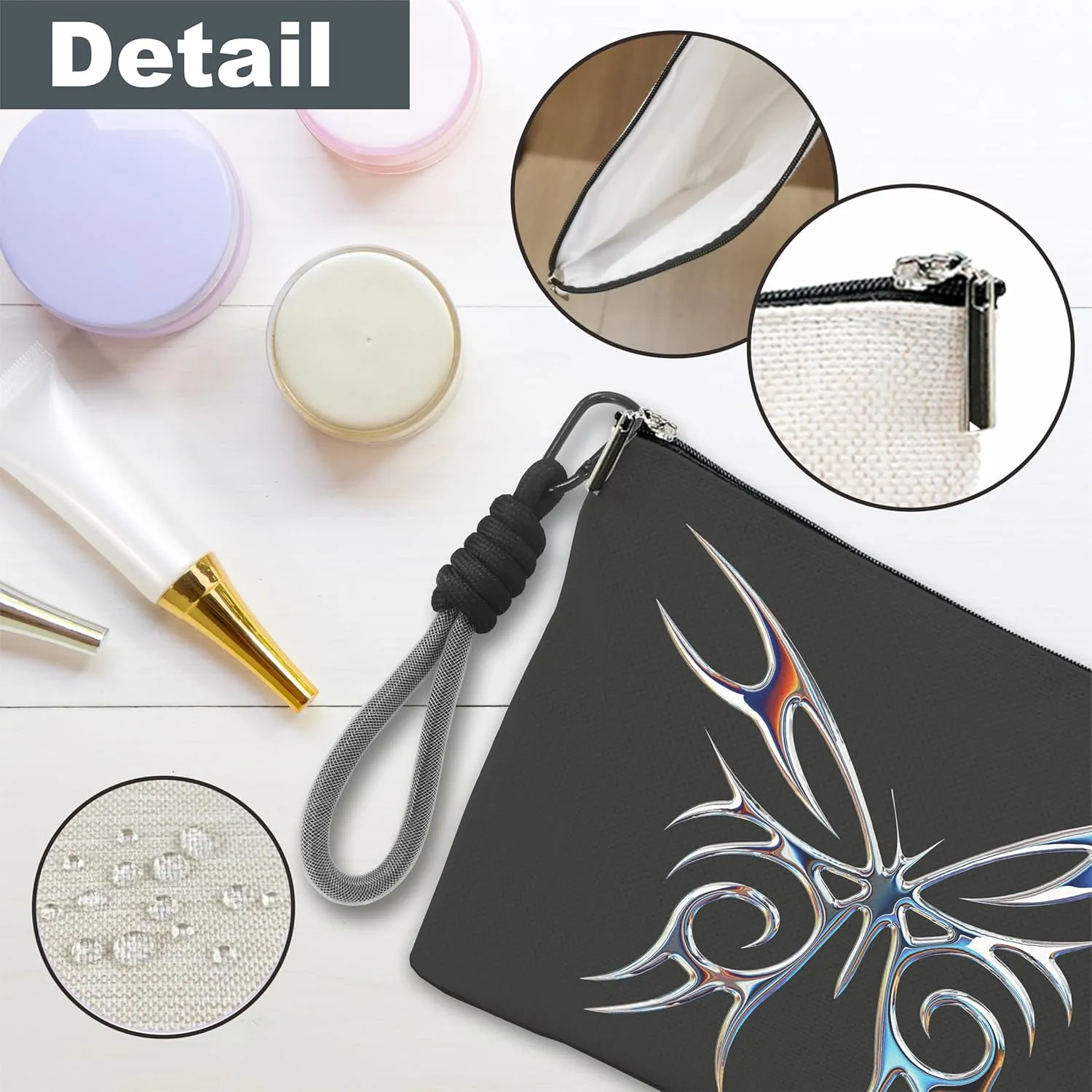 Make Up Bag, Cosmetic Bag With Hand Strap - Futuristic Butterfly - Lined Toiletry Bag For Woman - Travel Pouch, Organizer With Zipper, Women Essentials & Accessories - A01