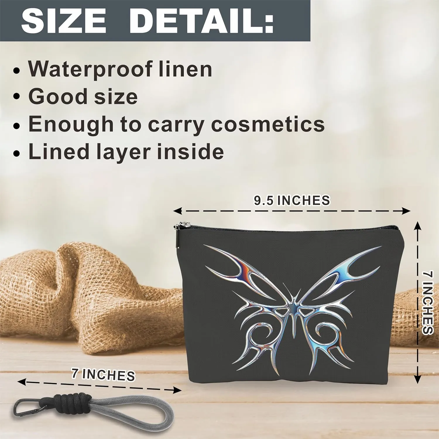 Make Up Bag, Cosmetic Bag With Hand Strap - Futuristic Butterfly - Lined Toiletry Bag For Woman - Travel Pouch, Organizer With Zipper, Women Essentials & Accessories - A01