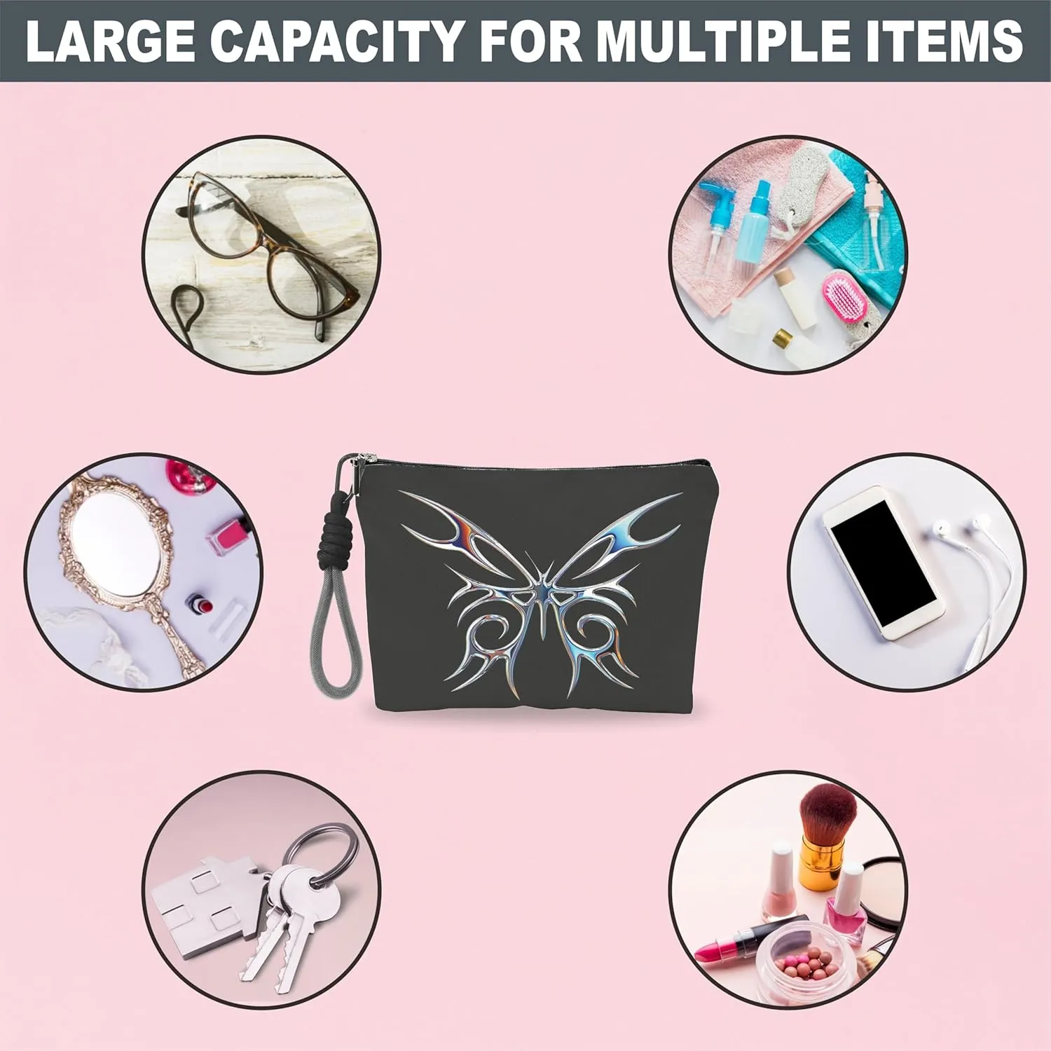 Make Up Bag, Cosmetic Bag With Hand Strap - Futuristic Butterfly - Lined Toiletry Bag For Woman - Travel Pouch, Organizer With Zipper, Women Essentials & Accessories - A01