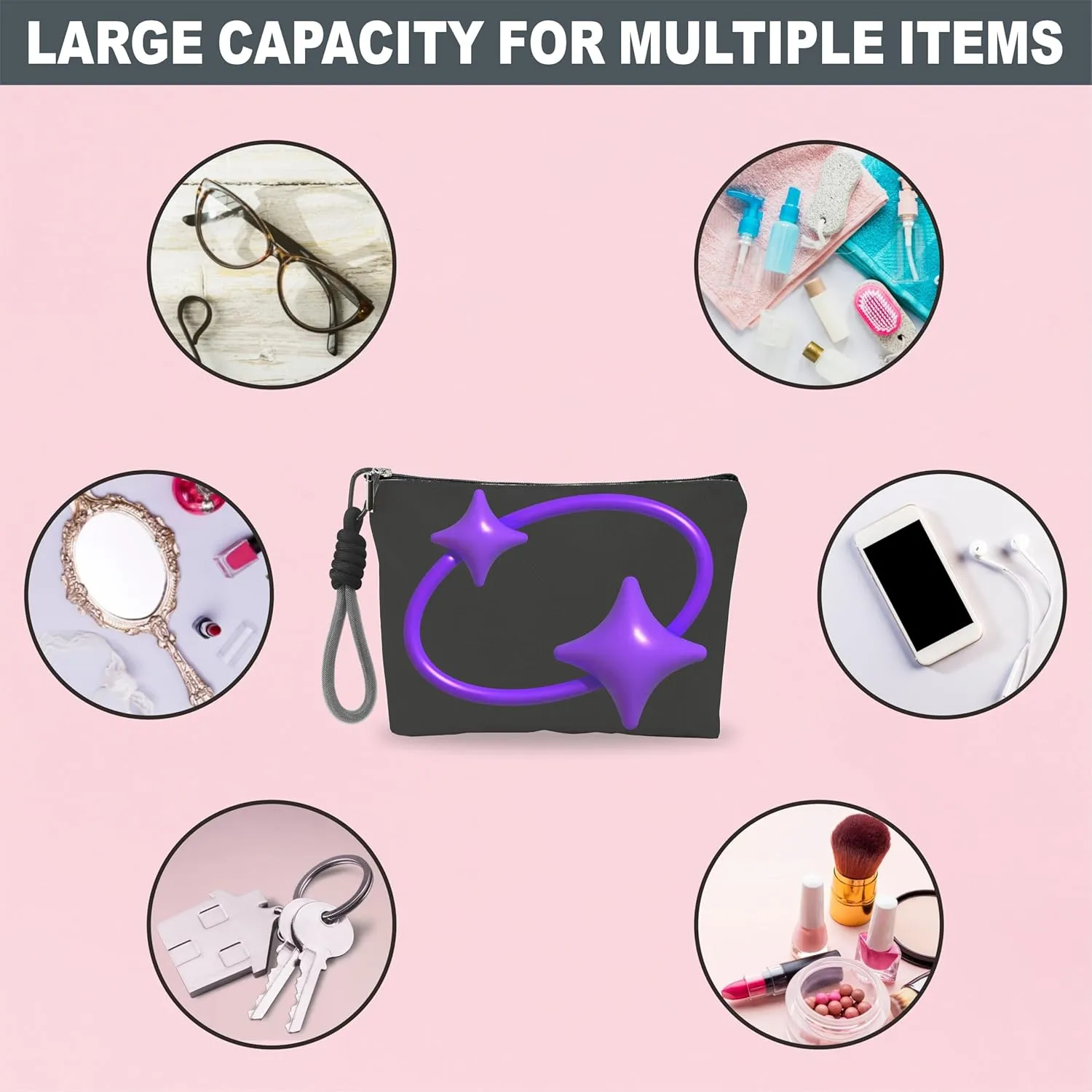 Make Up Bag, Cosmetic Bag With Hand Strap - Futuristic Purple Stars - Lined Toiletry Bag For Woman - Travel Pouch, Organizer With Zipper, Woman Essentials & Accessories - A03