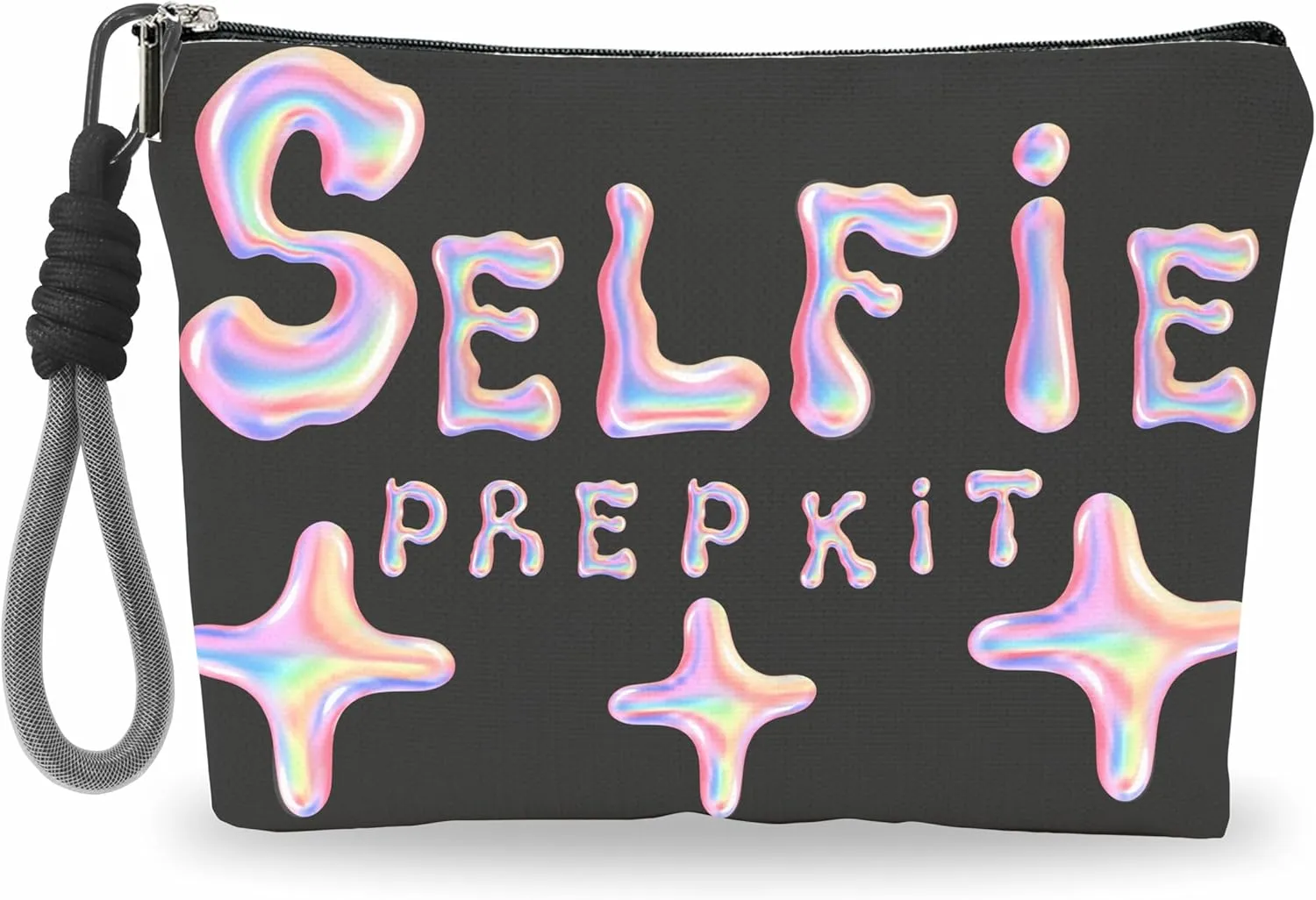 Make Up Bag, Cosmetic Bag With Hand Strap - Futuristic Selfie Prep Kit - Lined Toiletry Bag For Woman - Travel Pouch, Black & Pink Organizer With Zipper, Women Essentials & Accessories - A05