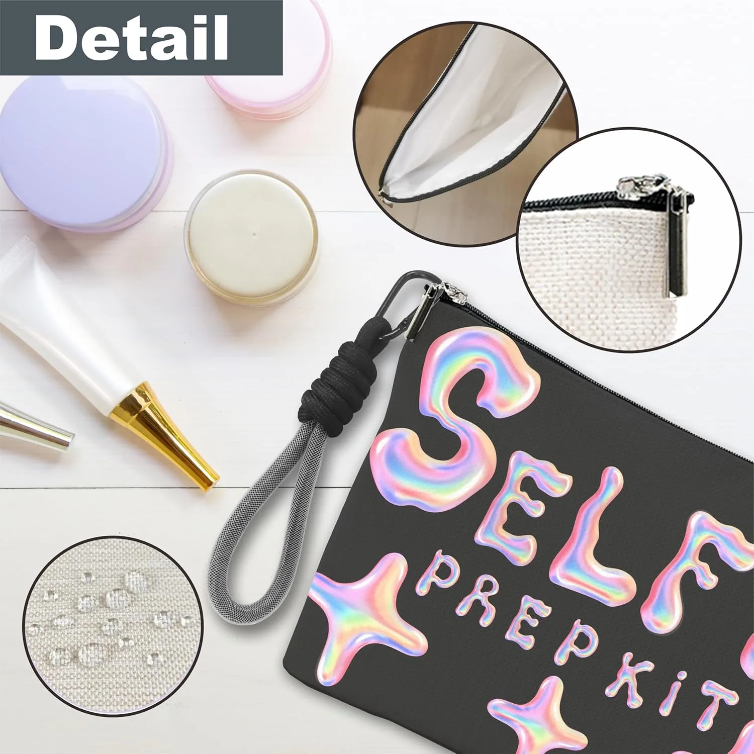 Make Up Bag, Cosmetic Bag With Hand Strap - Futuristic Selfie Prep Kit - Lined Toiletry Bag For Woman - Travel Pouch, Black & Pink Organizer With Zipper, Women Essentials & Accessories - A05