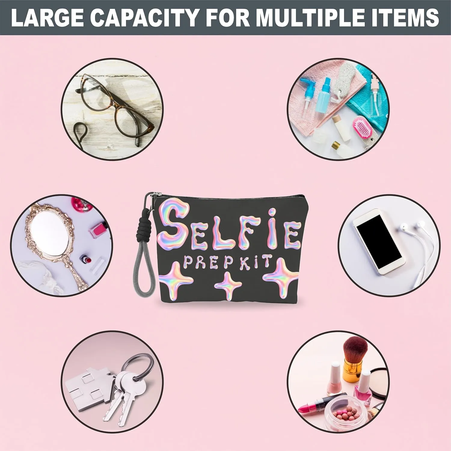 Make Up Bag, Cosmetic Bag With Hand Strap - Futuristic Selfie Prep Kit - Lined Toiletry Bag For Woman - Travel Pouch, Black & Pink Organizer With Zipper, Women Essentials & Accessories - A05