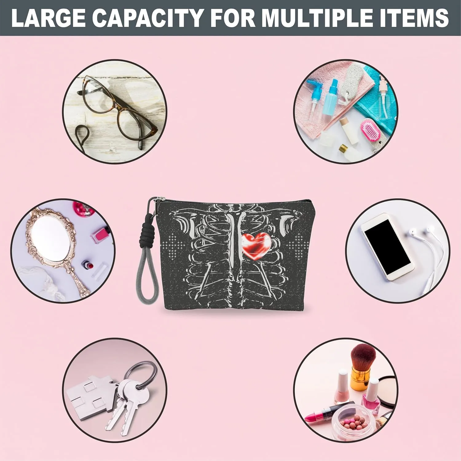 Make Up Bag, Cosmetic Bag With Hand Strap - Futuristic Skeleton & Hearts - Lined Toiletry Bag For Woman - Travel Pouch, Organizer With Zipper, Woman Essentials & Accessories - A04