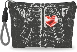 Make Up Bag, Cosmetic Bag With Hand Strap - Futuristic Skeleton & Hearts - Lined Toiletry Bag For Woman - Travel Pouch, Organizer With Zipper, Woman Essentials & Accessories - A04