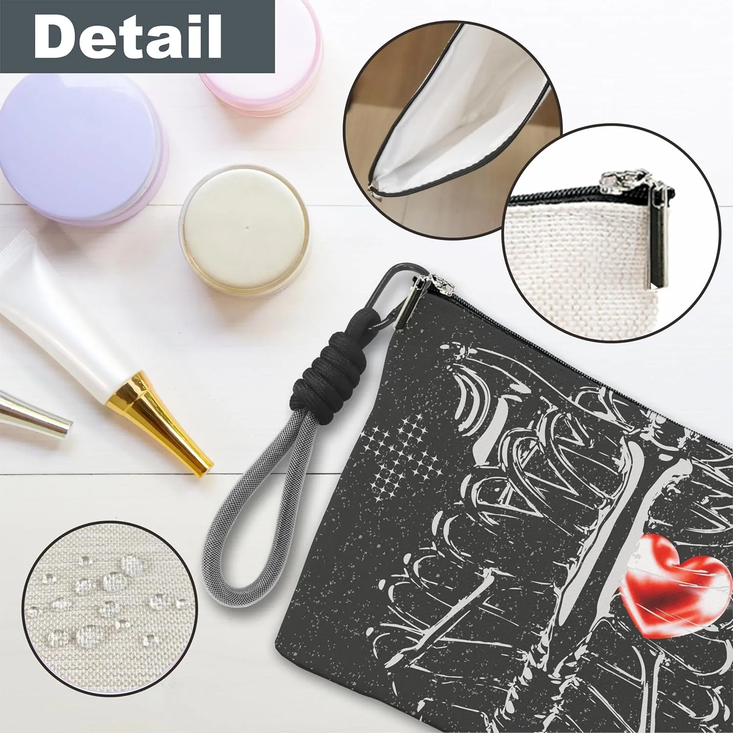 Make Up Bag, Cosmetic Bag With Hand Strap - Futuristic Skeleton & Hearts - Lined Toiletry Bag For Woman - Travel Pouch, Organizer With Zipper, Woman Essentials & Accessories - A04