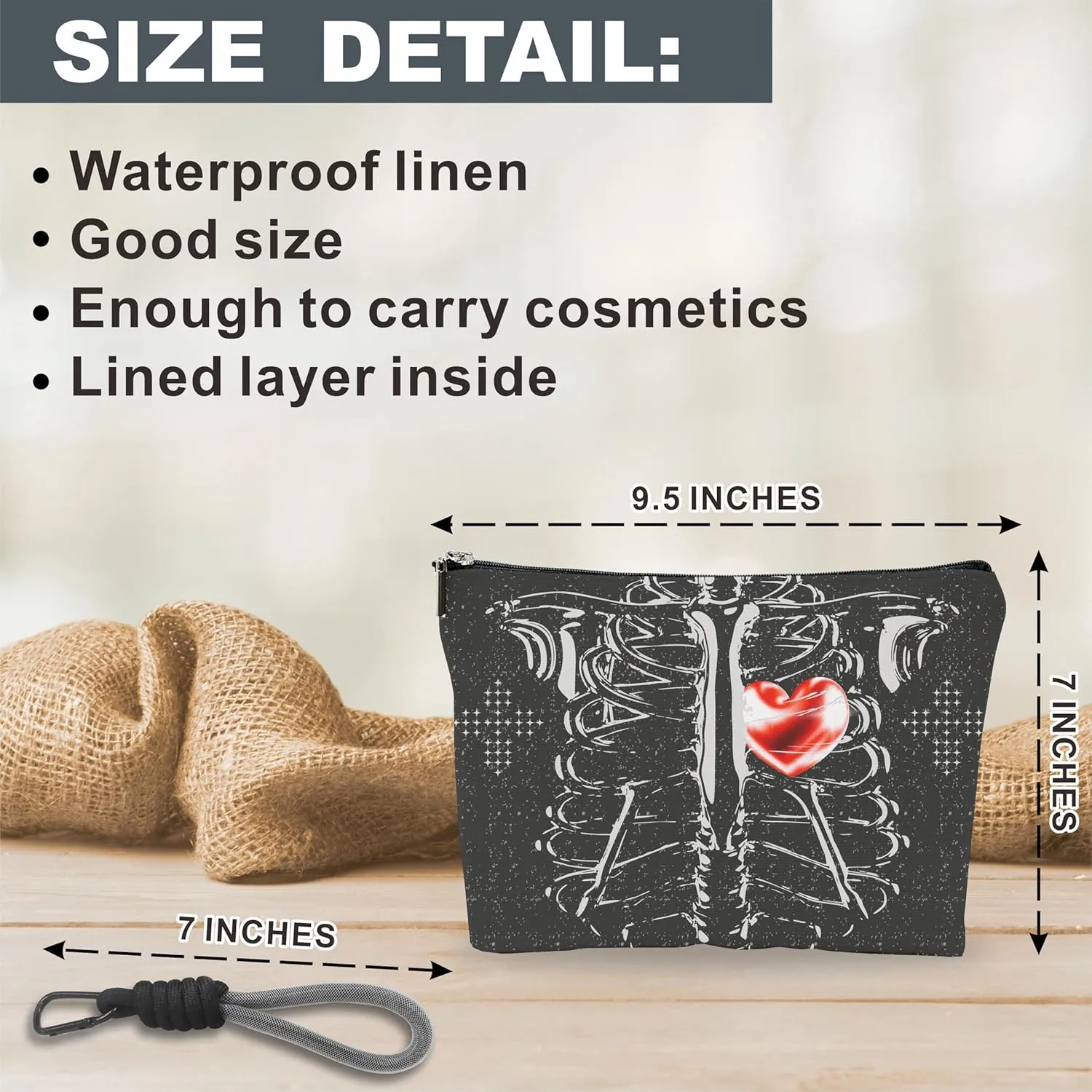 Make Up Bag, Cosmetic Bag With Hand Strap - Futuristic Skeleton & Hearts - Lined Toiletry Bag For Woman - Travel Pouch, Organizer With Zipper, Woman Essentials & Accessories - A04