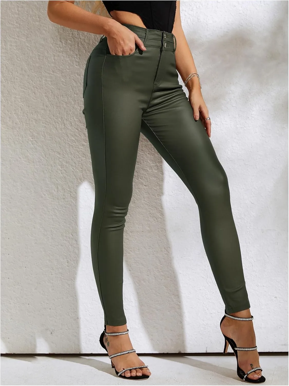 MakeMeChic Women's Faux Leather Skinny Pants Button Front High Waisted PU Leather Leggings Pants