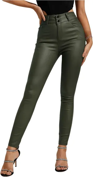 MakeMeChic Women's Faux Leather Skinny Pants Button Front High Waisted PU Leather Leggings Pants