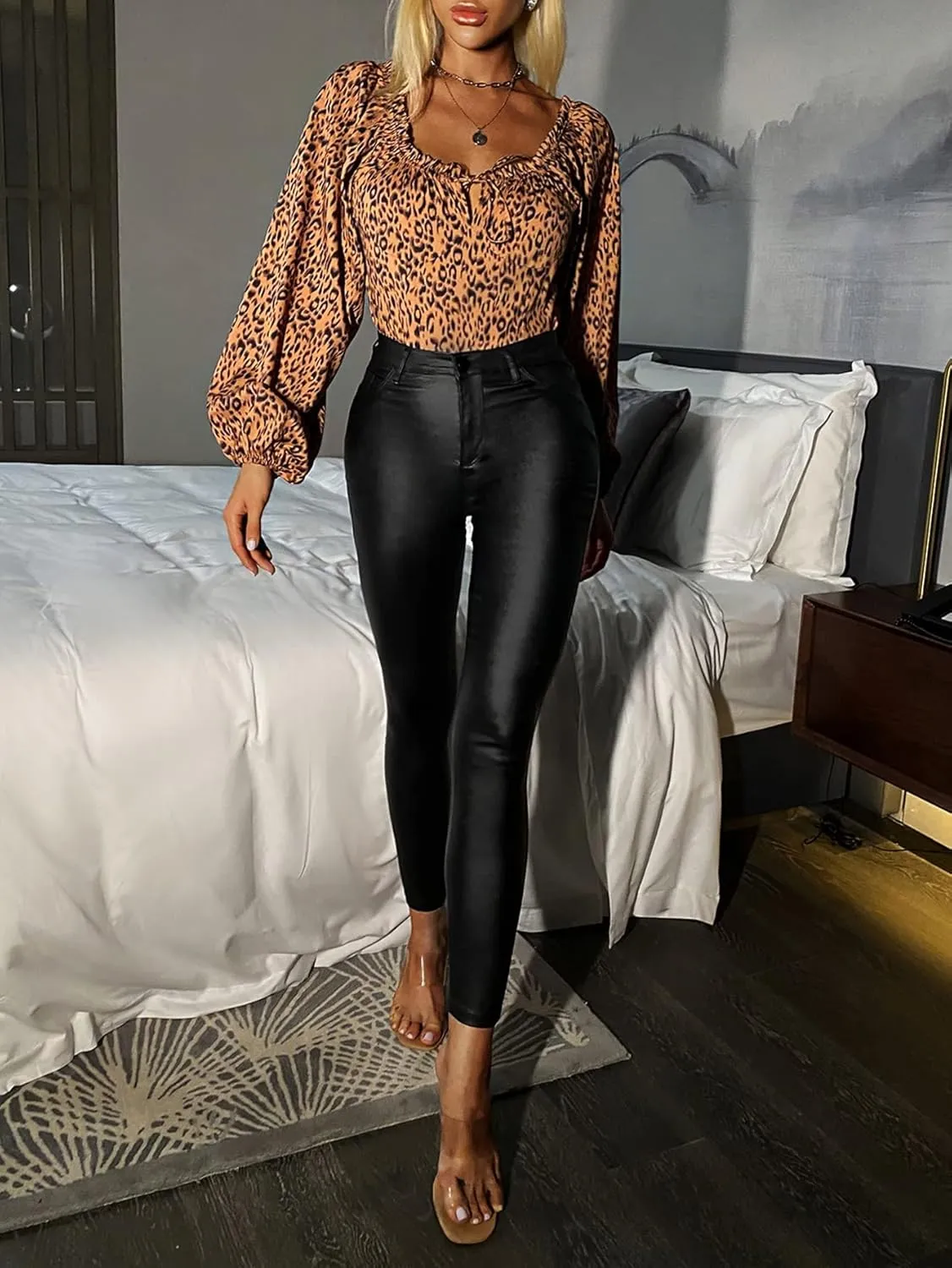 MakeMeChic Women's Faux PU Leather Thermal Lined High Waisted Stretch Skinny Pants Leggings