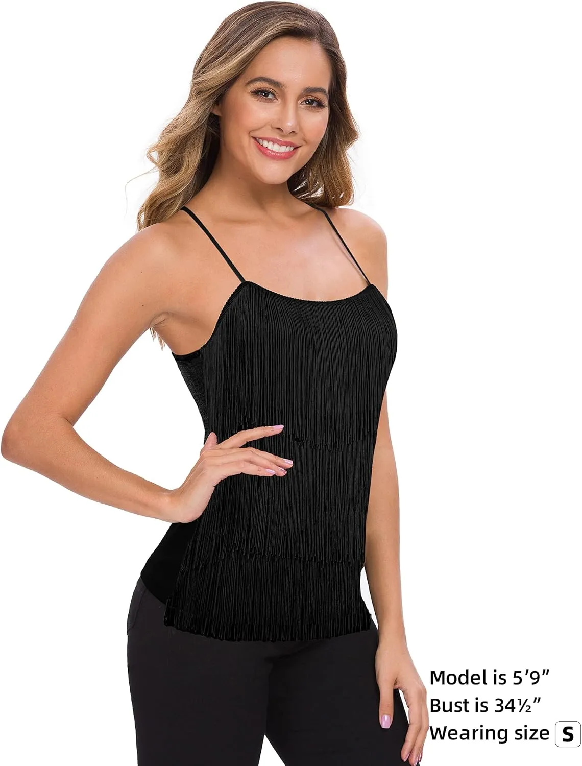 MANER Womens Fringe Top Tassel Trim Cami Spaghetti Strap Tank Tops