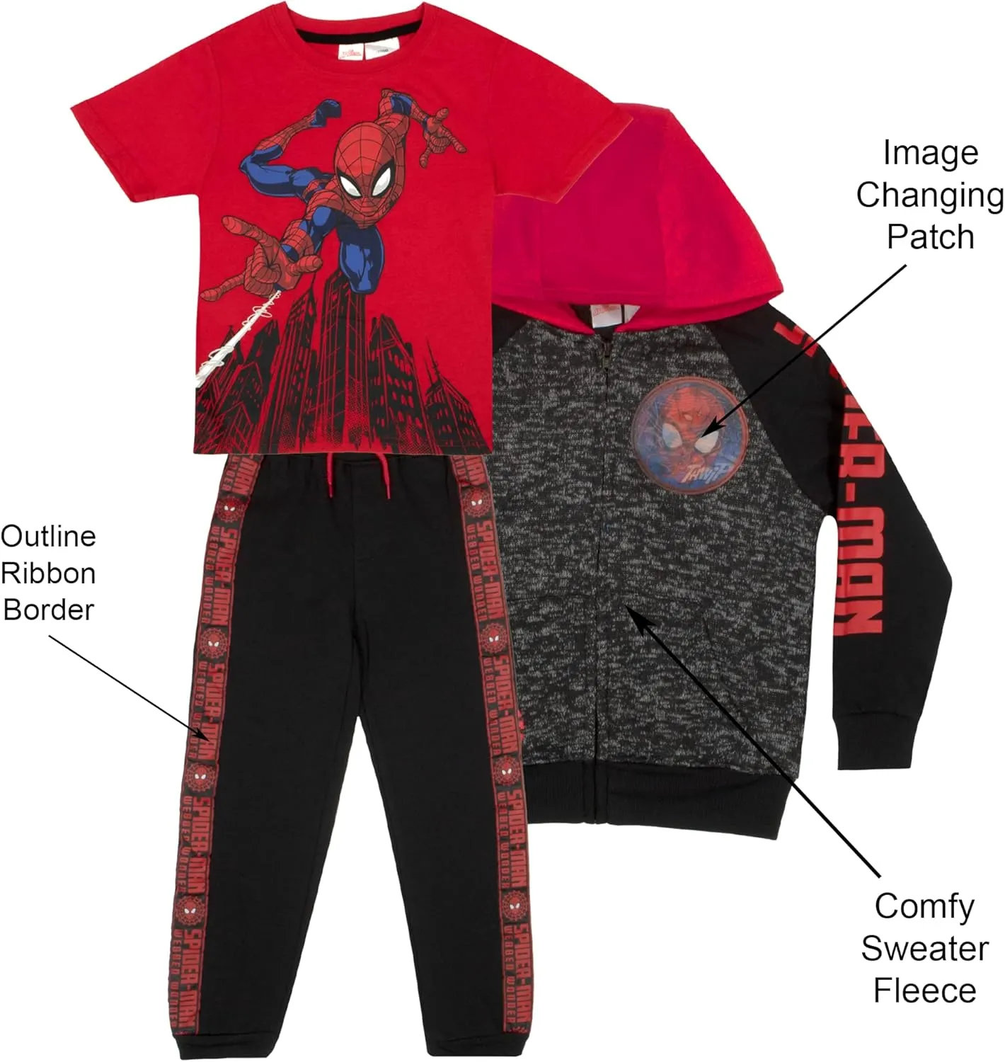 Marvel Spiderman Boys 3 Piece Fleece Pants Set, Spider-Man Zip-Up Hoodie, T-Shirt, and Pants 3-Pack Bundle Set
