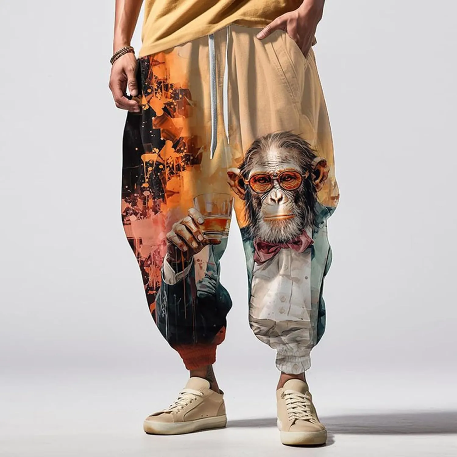 Men Drop Crotch Wide Leg Baggy Harem Pants Men's Autumn Fun Print Fashion Street Feel Casual Loose Drop Crotch