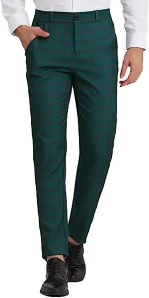 Mens Chinos Slim Fit Stretch Flat-Front Skinny Plaid Dress Pants Business Work Suit Tapered Pants Casual Golf Pants Trousers