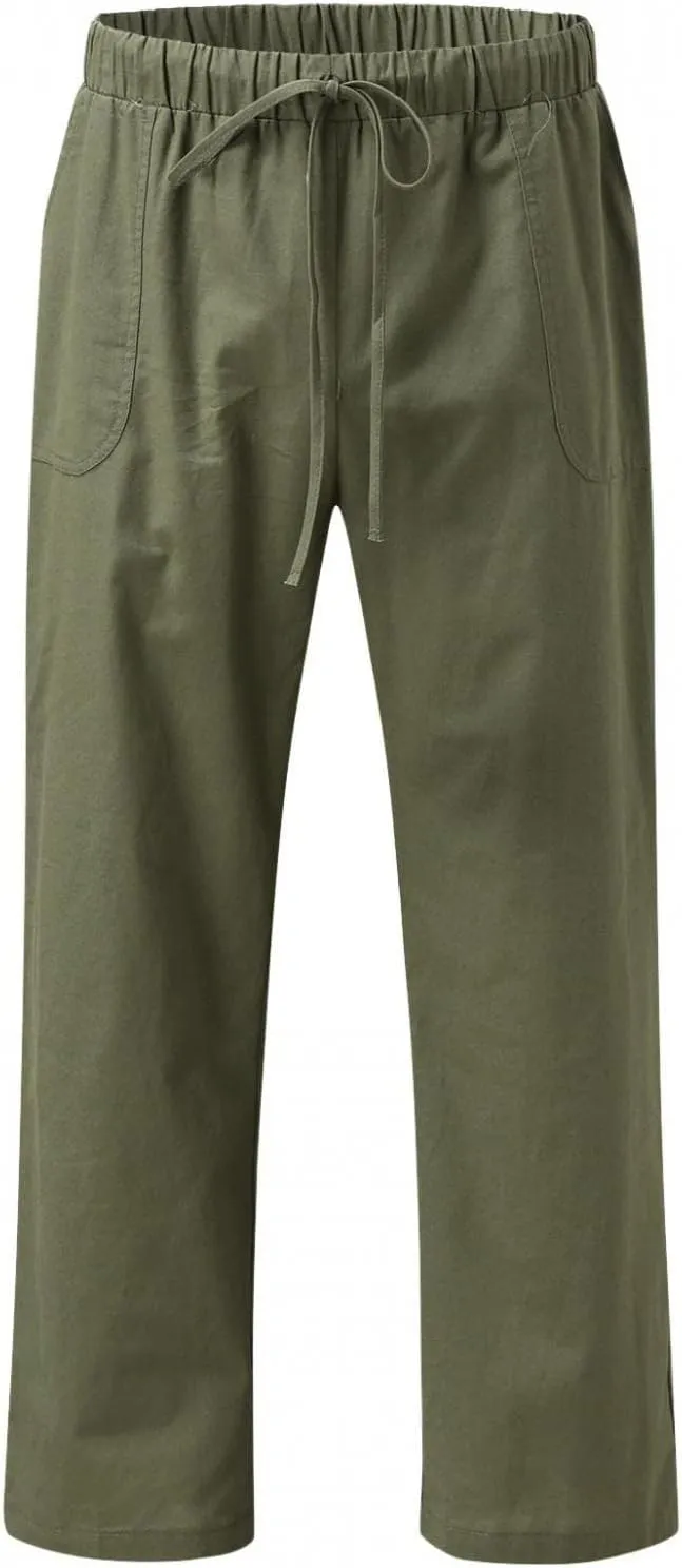 Men's Cotton Linen Pants Drawstring Baggy Hippie Trousers Regular Fit Wide Leg Trousers Lightweight Thin Comfy Pants
