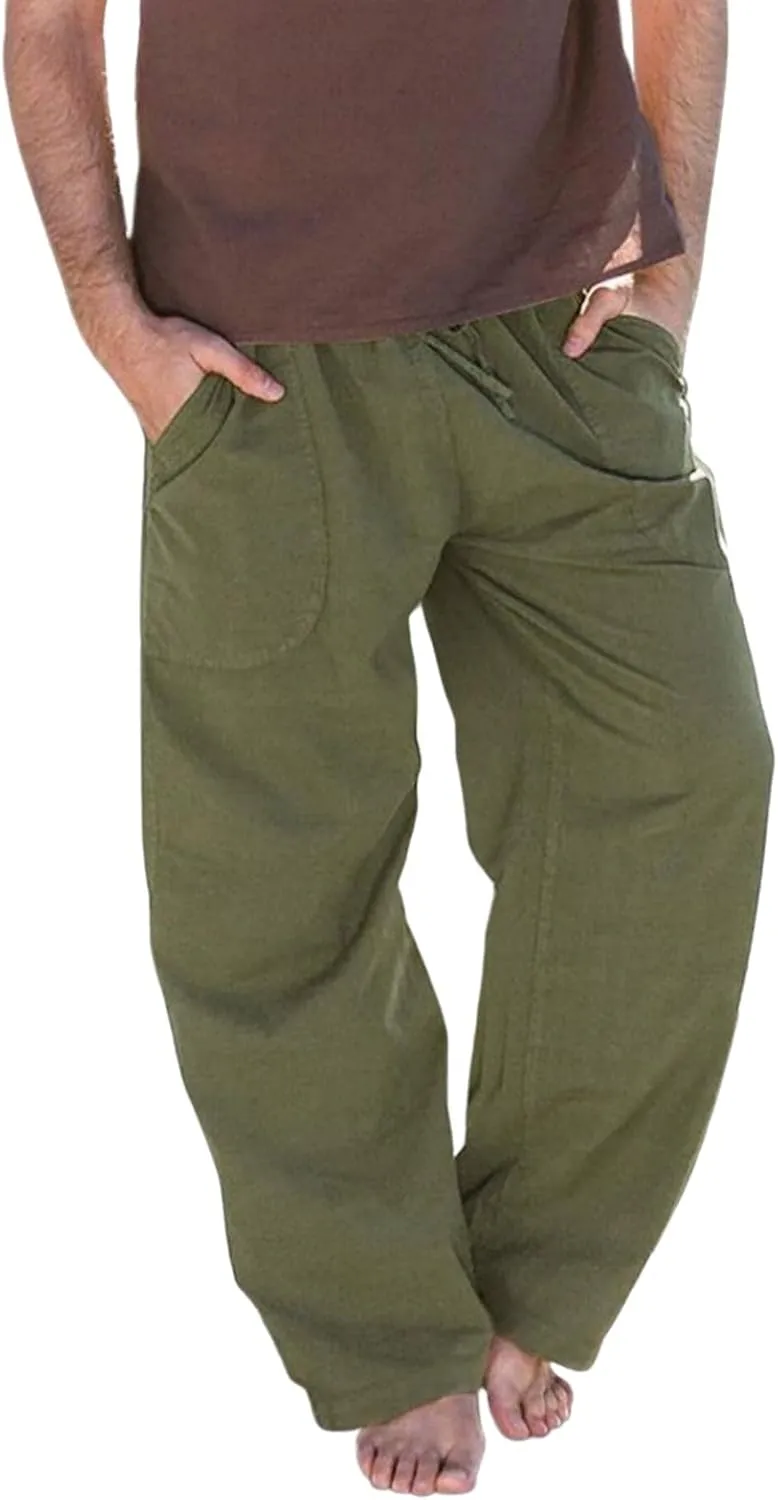 Men's Cotton Linen Pants Drawstring Baggy Hippie Trousers Regular Fit Wide Leg Trousers Lightweight Thin Comfy Pants