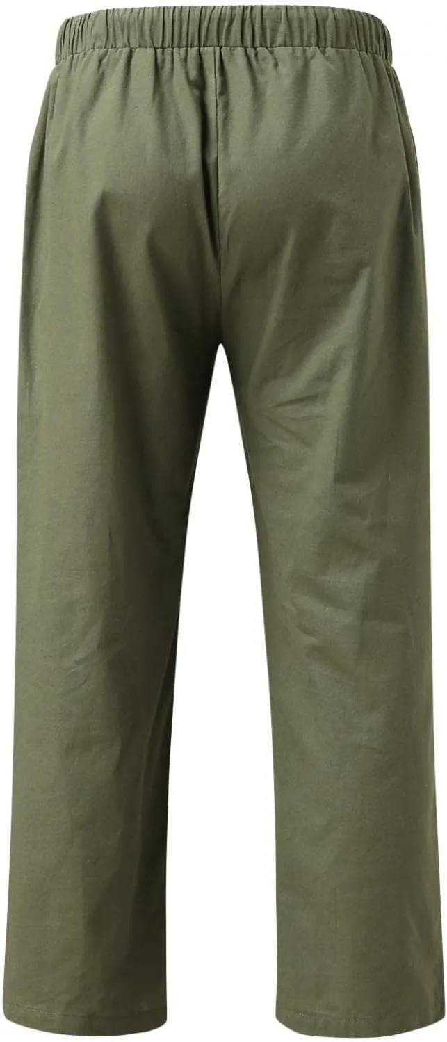Men's Cotton Linen Pants Drawstring Baggy Hippie Trousers Regular Fit Wide Leg Trousers Lightweight Thin Comfy Pants