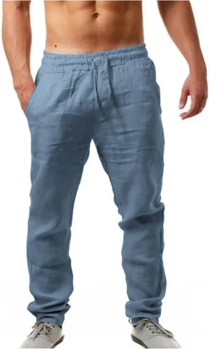 Men's Cotton Linen Pants Lightweight Straight Legs Yoga Beach Pants Elastic Waist Drawstring Casual Trouser Skinny Chinos