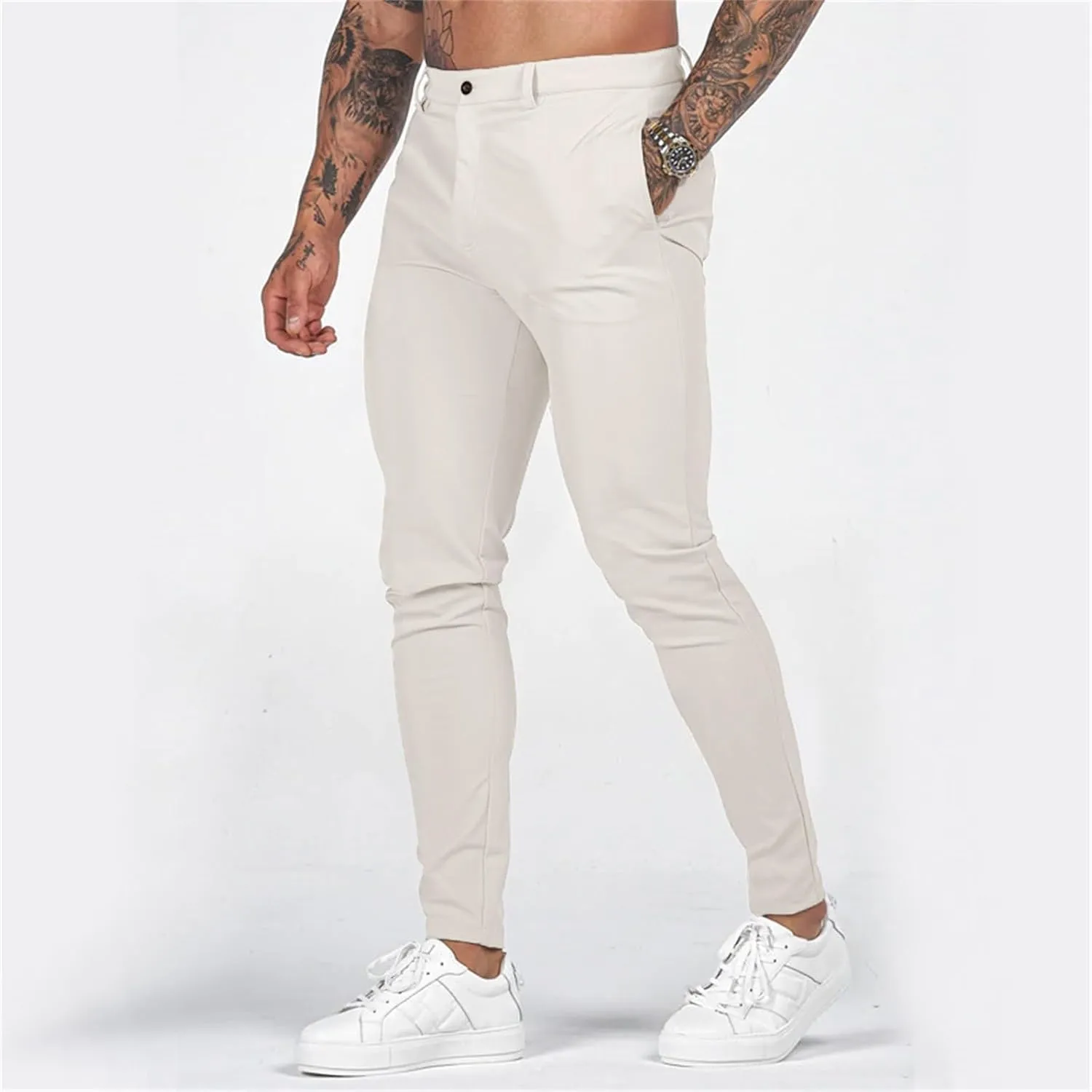 Mens Fashion Slim Fit Golf Dress Pants Casual Business Skinny Stretch Flat-Front Tapered Leg Chino Expandable Waist Suit Pant