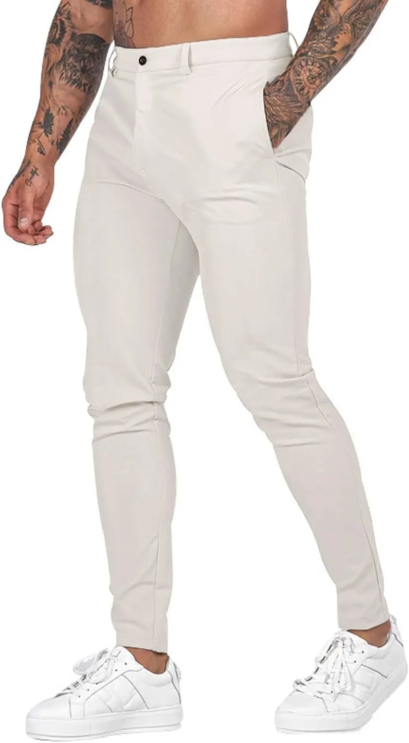 Mens Fashion Slim Fit Golf Dress Pants Casual Business Skinny Stretch Flat-Front Tapered Leg Chino Expandable Waist Suit Pant