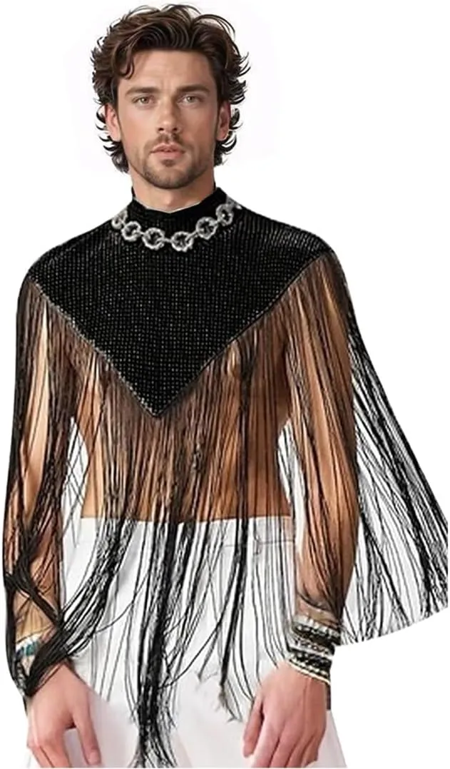 Men's Long Tassel Shrug Shoulder Pads Tank Top Clubwear Disco Rave Outfits Patchwork Sequins Fringe Outwears