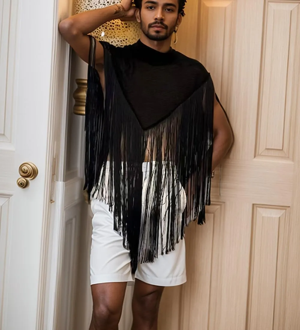 Men's Long Tassel Shrug Shoulder Pads Tank Top Clubwear Disco Rave Outfits Patchwork Sequins Fringe Outwears