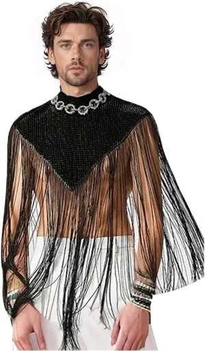Men's Long Tassel Shrug Shoulder Pads Tank Top Clubwear Disco Rave Outfits Patchwork Sequins Fringe Outwears