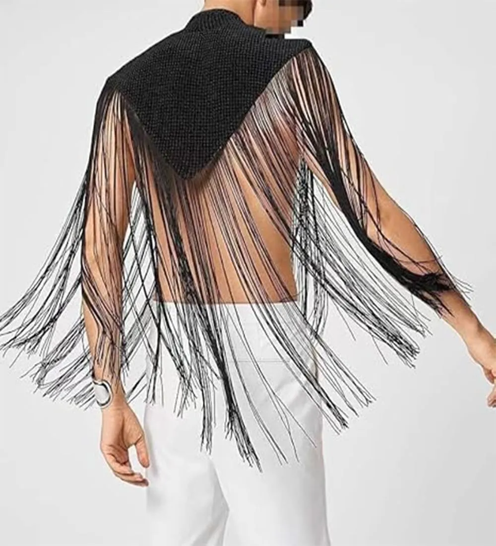 Men's Long Tassel Shrug Shoulder Pads Tank Top Clubwear Disco Rave Outfits Patchwork Sequins Fringe Outwears