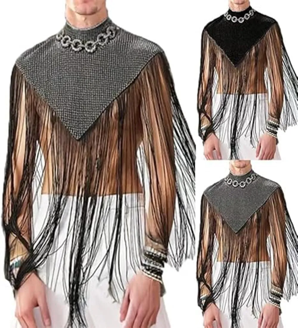 Men's Long Tassel Shrug Shoulder Pads Tank Top Clubwear Disco Rave Outfits Patchwork Sequins Fringe Outwears