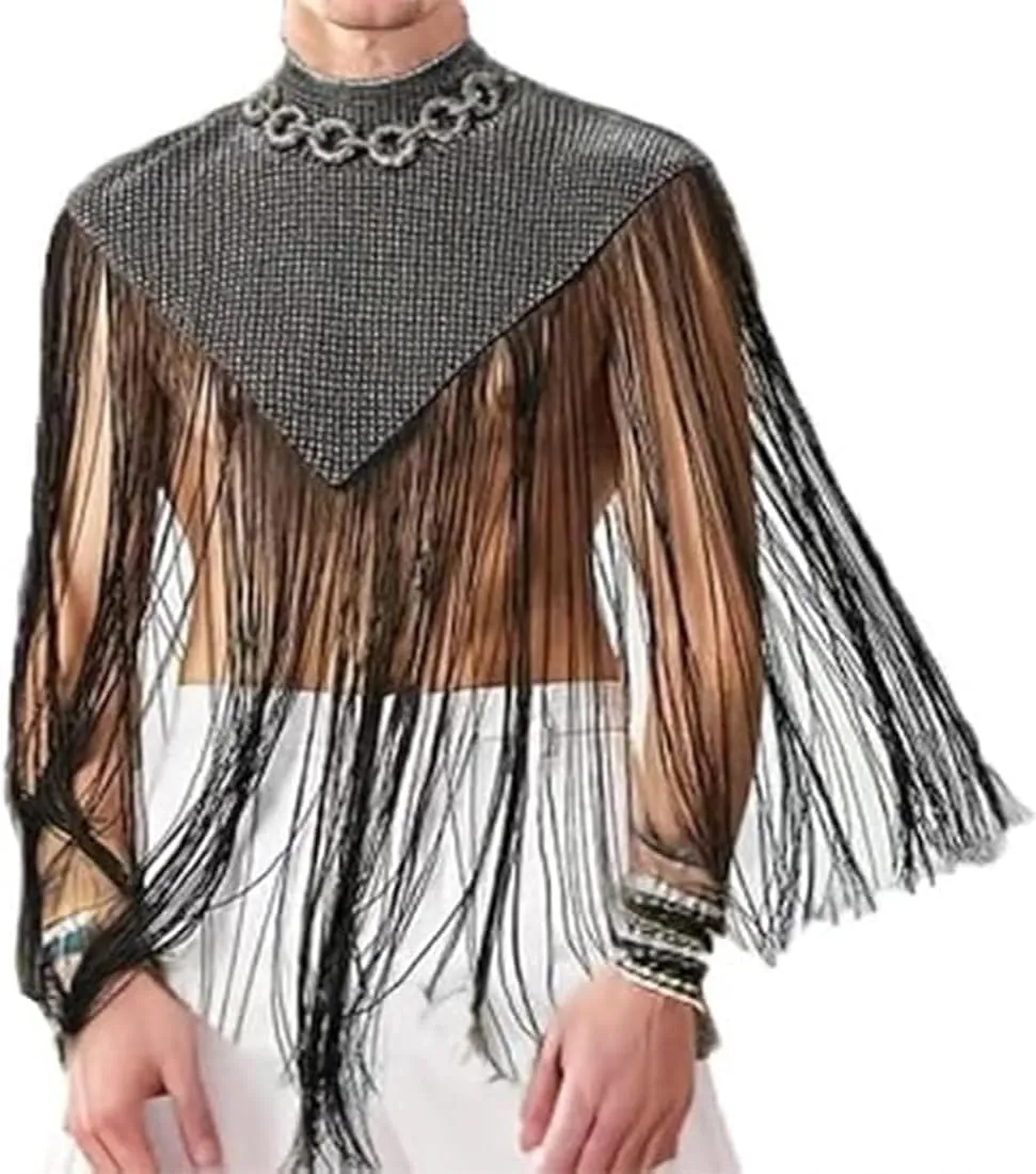 Men's Long Tassel Shrug Shoulder Pads Tank Top Clubwear Disco Rave Outfits Patchwork Sequins Fringe Outwears