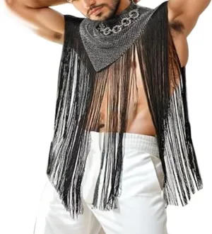 Men's Long Tassel Shrug Shoulder Pads Tank Top Clubwear Disco Rave Outfits Patchwork Sequins Fringe Outwears