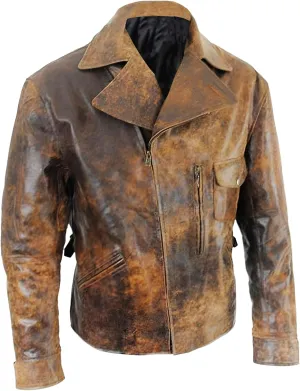 Mens Snake Plissken Kurt Russell Distressed Brown Assymetrical Collar Motorcycle Antique Leather Jacket