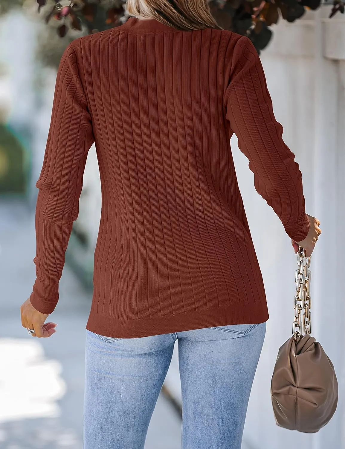 MEROKEETY Women's 2024 Long Sleeve V Neck Ribbed Button Knit Sweater Solid Color Tops