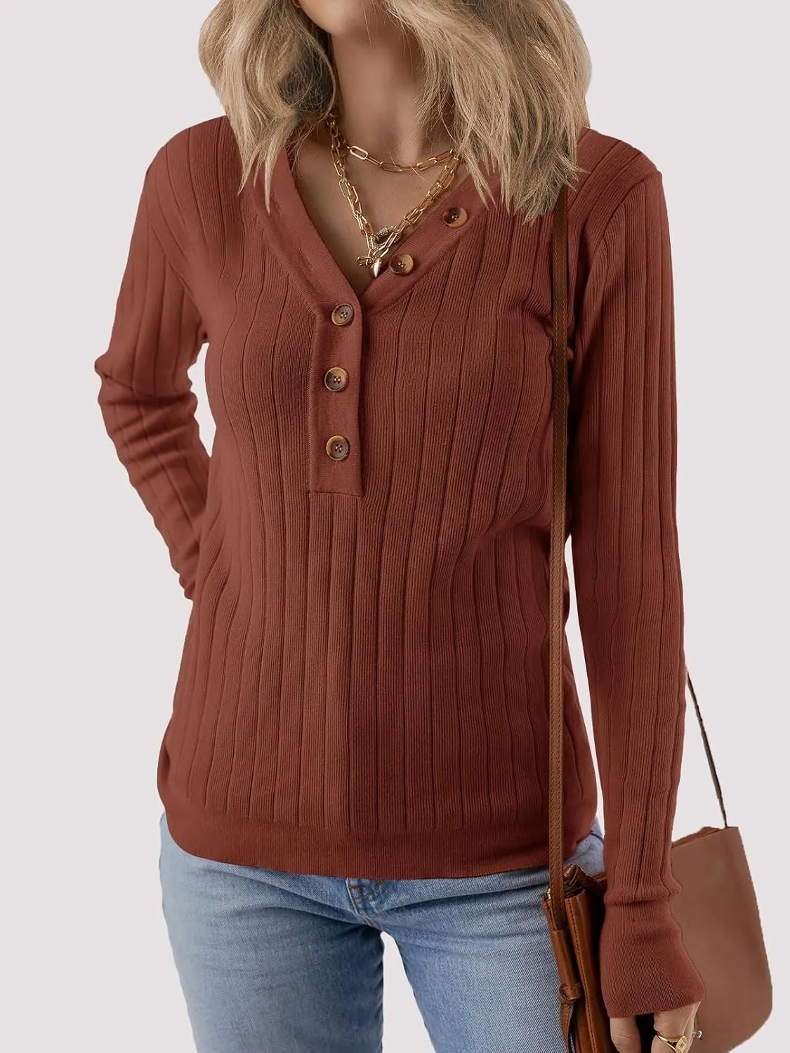 MEROKEETY Women's 2024 Long Sleeve V Neck Ribbed Button Knit Sweater Solid Color Tops