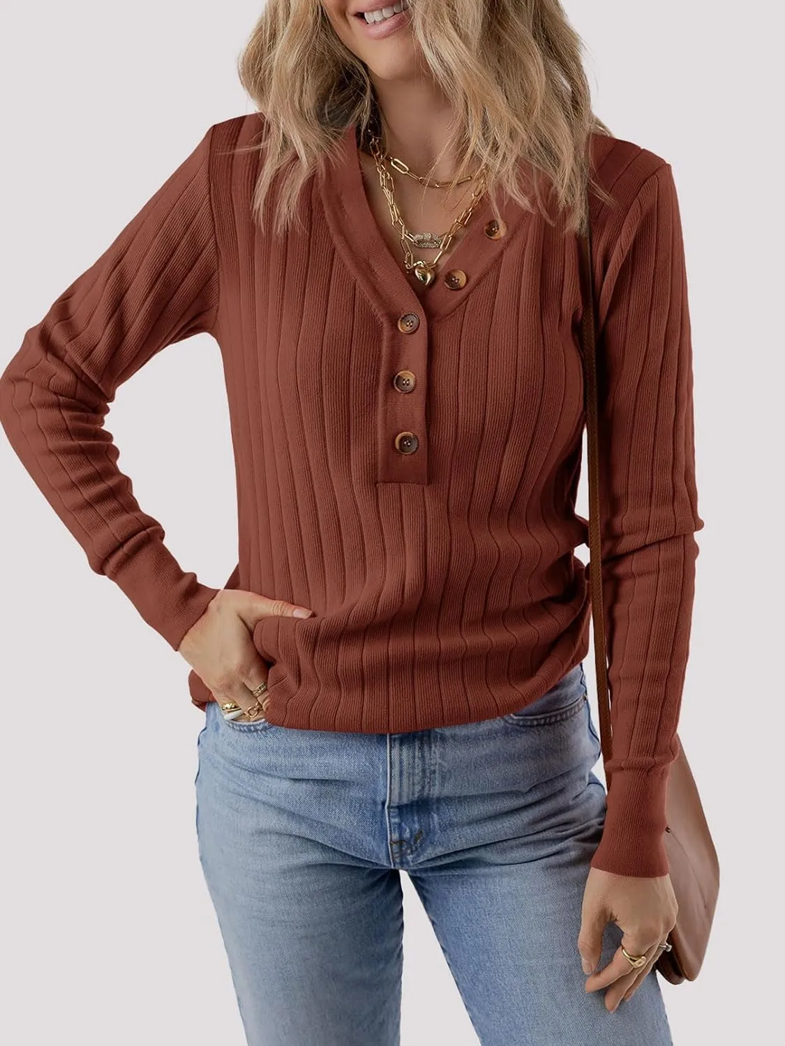 MEROKEETY Women's 2024 Long Sleeve V Neck Ribbed Button Knit Sweater Solid Color Tops