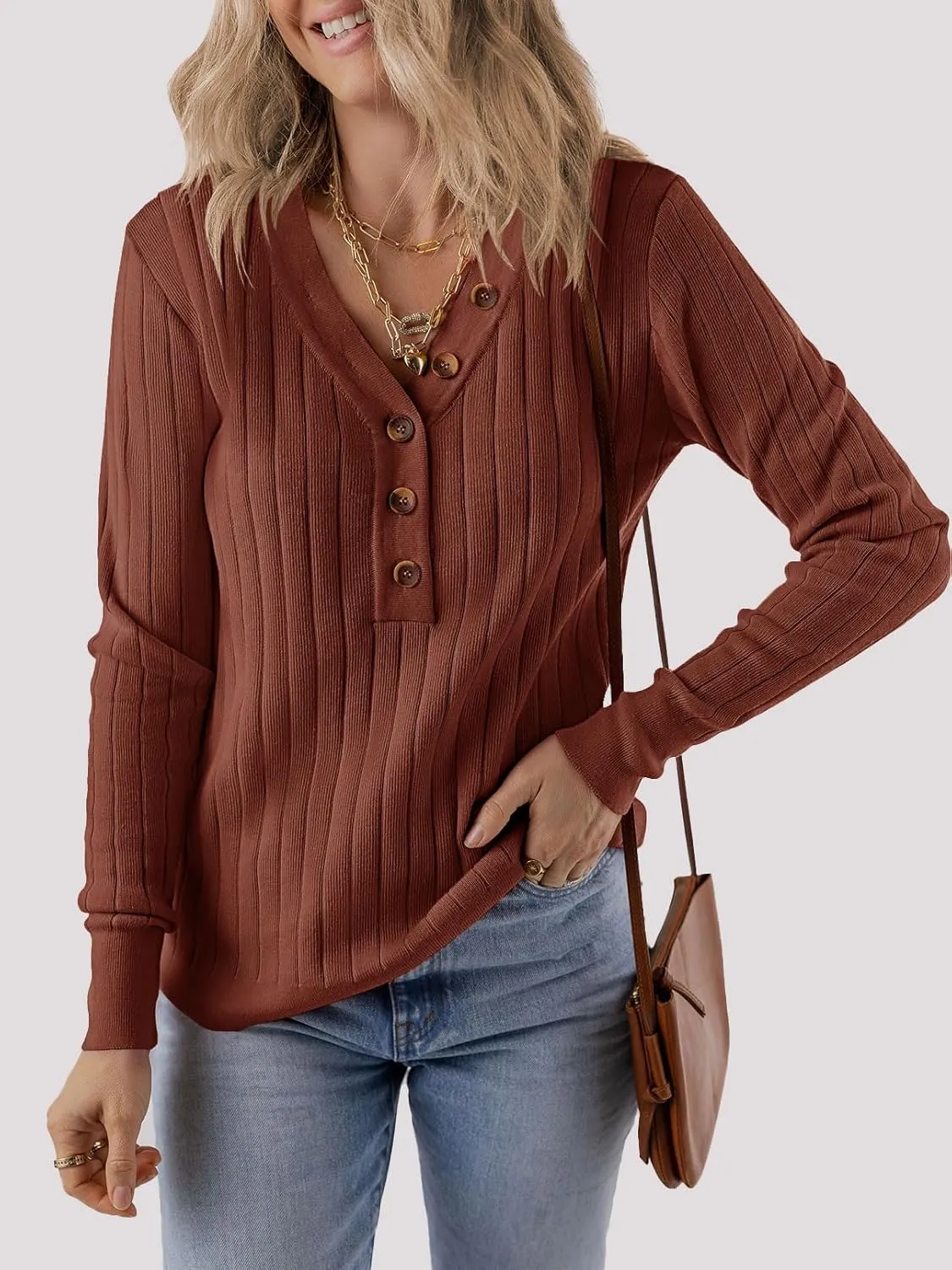MEROKEETY Women's 2024 Long Sleeve V Neck Ribbed Button Knit Sweater Solid Color Tops