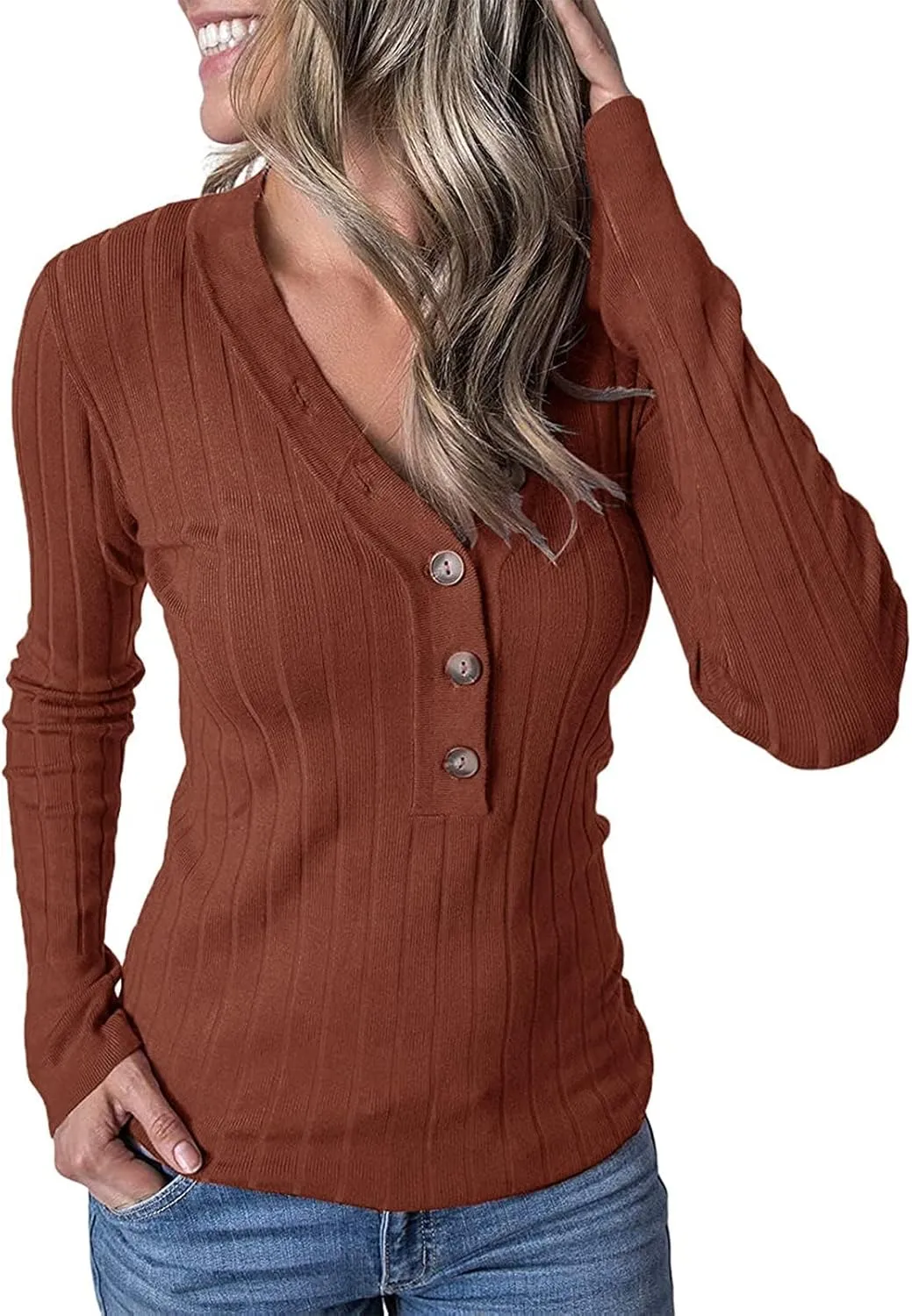MEROKEETY Women's 2024 Long Sleeve V Neck Ribbed Button Knit Sweater Solid Color Tops